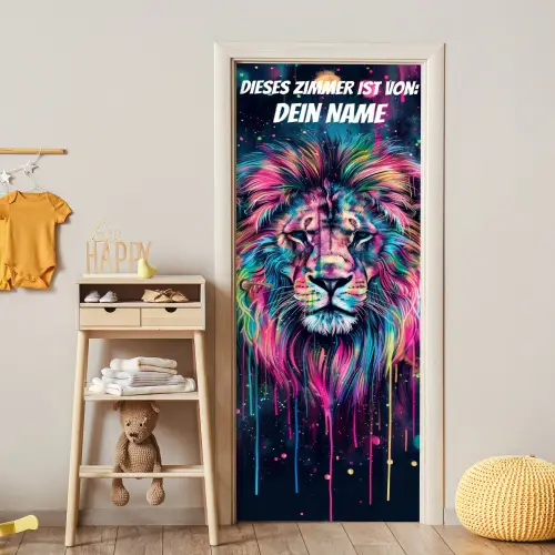 Bunter Löwe im Neon-/Graffiti-Stil mit personalisierbarem Namensfeld. deurposter klein -sfeer4