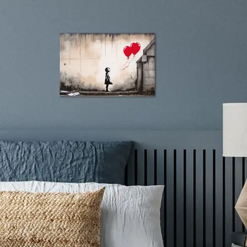 Kunst - Meisje - Ballonnen - Hart - Grijs poster papier klein -sfeer2