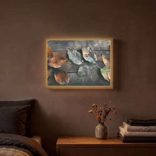 Bladeren - Herfst - Grijs - Natuur Light Box met batterij (Wandlamp) middel -sfeer4