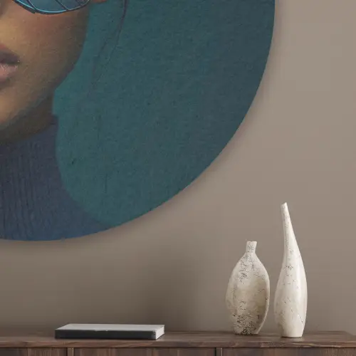 Vrouw - Vlinder - Bril - Blauw - Modern - Portret Akoestische PET Vilt - Rond klein -sfeer5_closeup