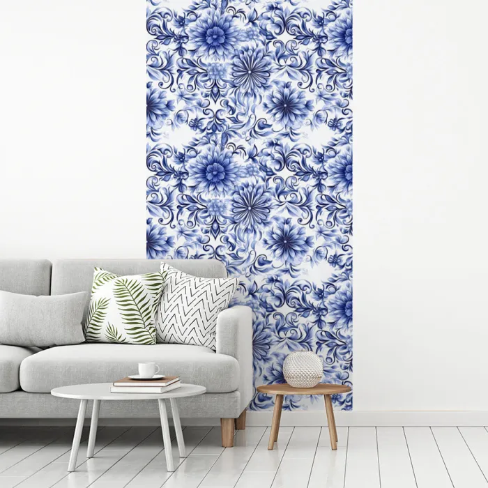 Bloemen - Blauw - Patroon - Wit fotobehang vinyl groot 64 -woonkamer