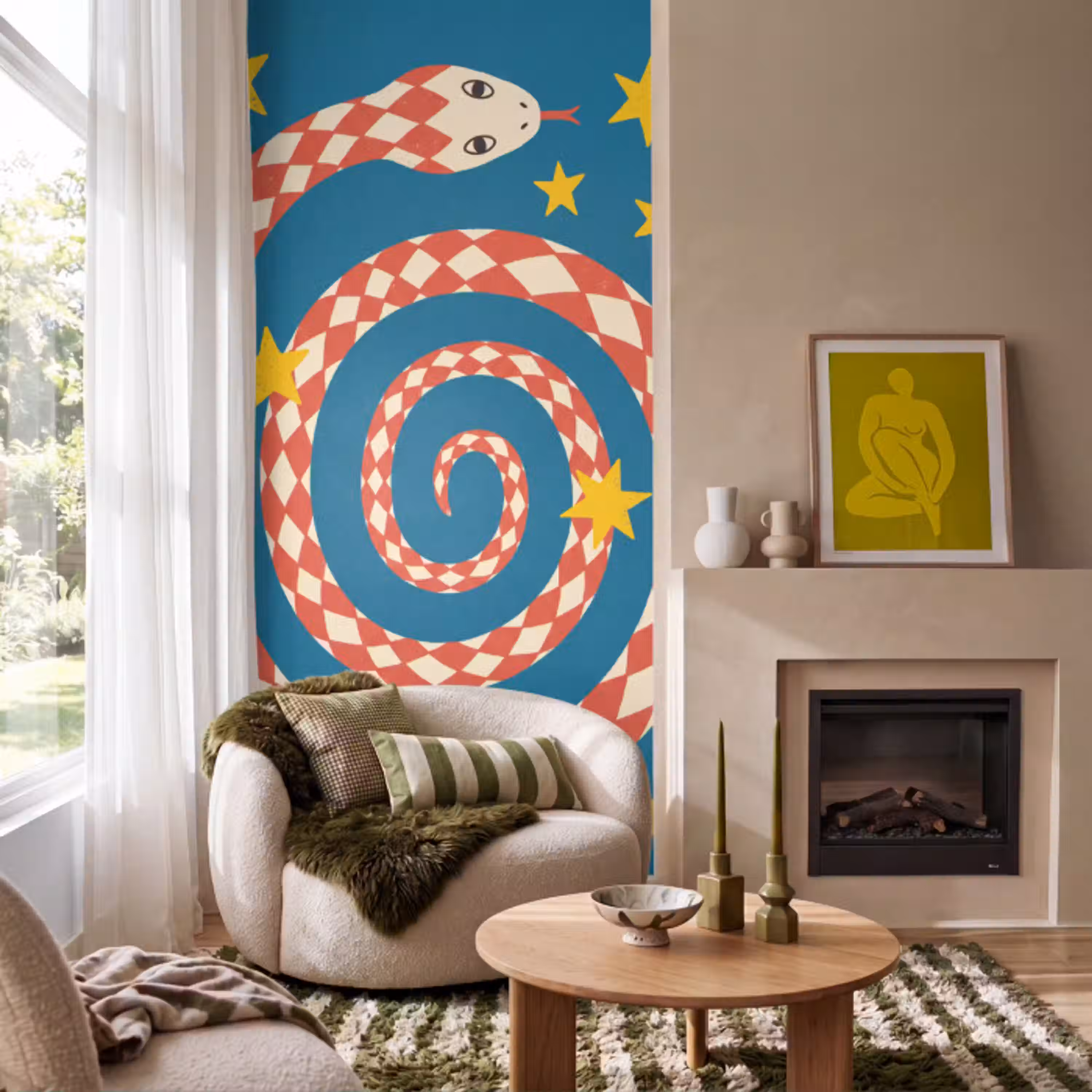 Slang - Spiraal - Dieren - Illustratie - Rood Behang Vlies klein -sfeer2