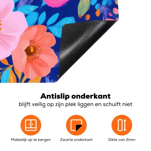 Bloemen - Blauw - Roze Inductie beschermer vinyl 3mm klein -zzzzzzz-td-onderkant