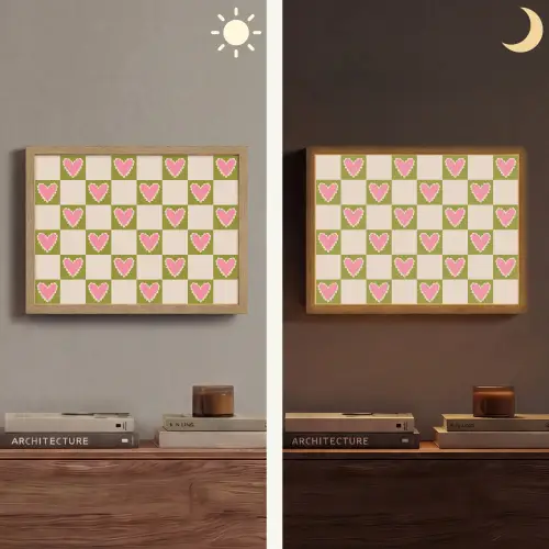 Olijfgroen - Hartjes - Patroon - Retro Light Box met batterij (Wandlamp) middel 907 -sfeer3