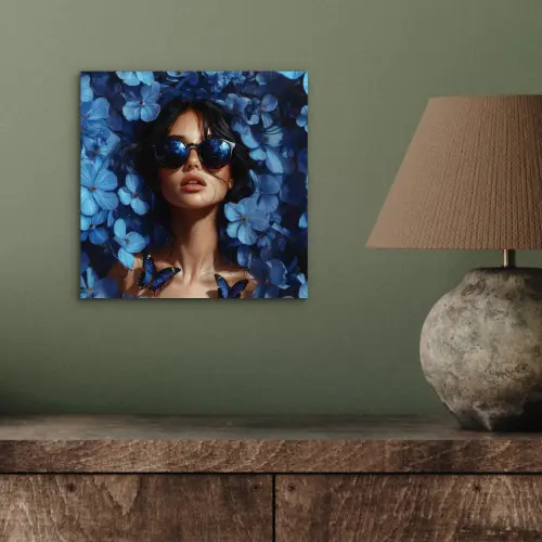 Vrouw - Blauw - Bloemen - Vlinders - Natuur aluminium wit klein -sfeer2