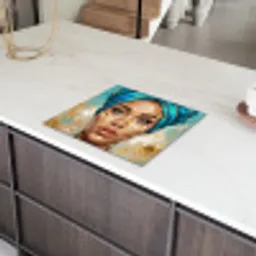 Portret - Vrouw - Schilderij - Blauw - Goud - Expressief Inductie beschermer vinyl 3mm middel -sfeer8