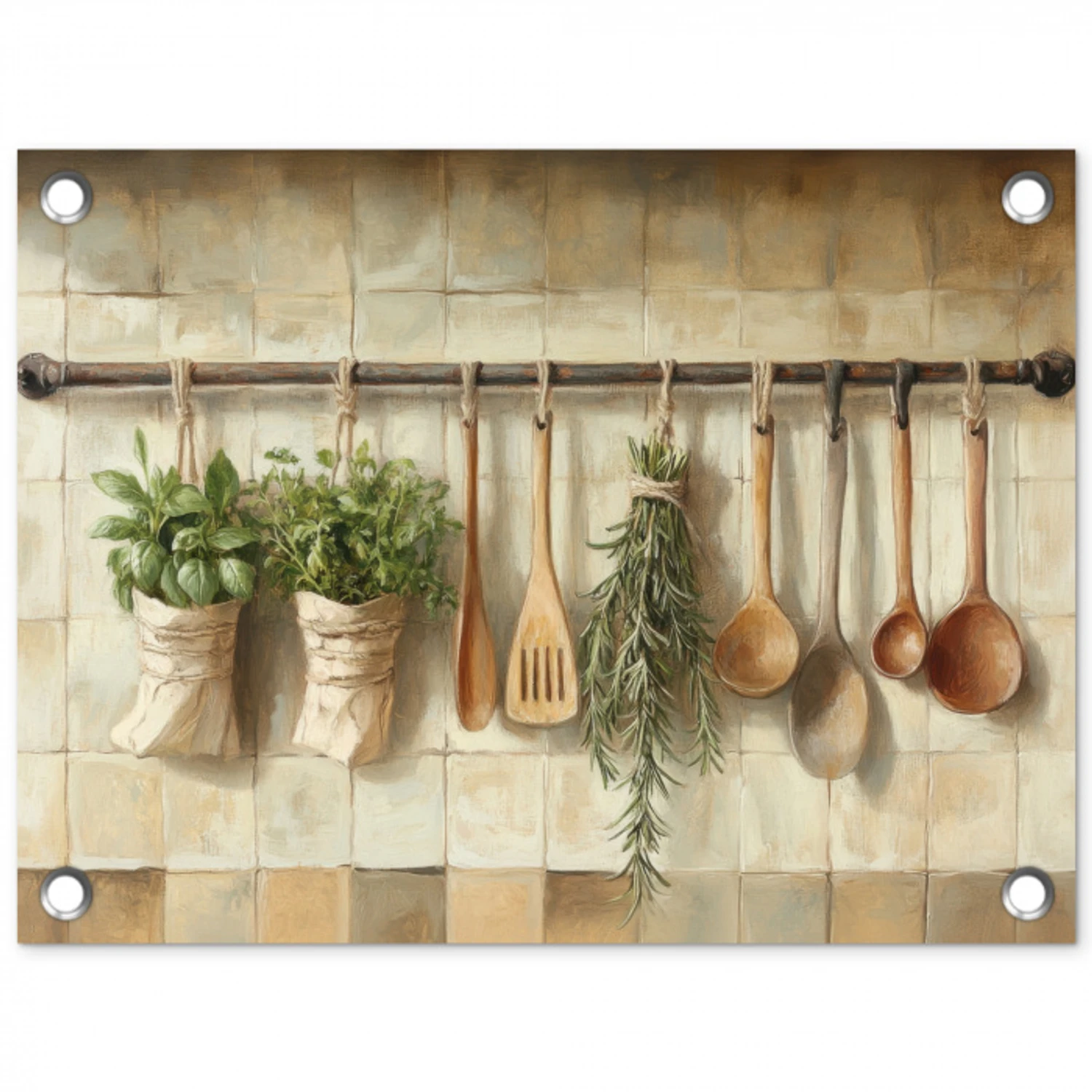 Hout - Keukengerei - Stilleven - Tegels tuinposter los doek klein -3d