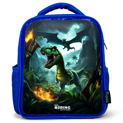 Dinosaurus en draak in vurige junglevallei Kinderrugzak - Blauw middel -3d