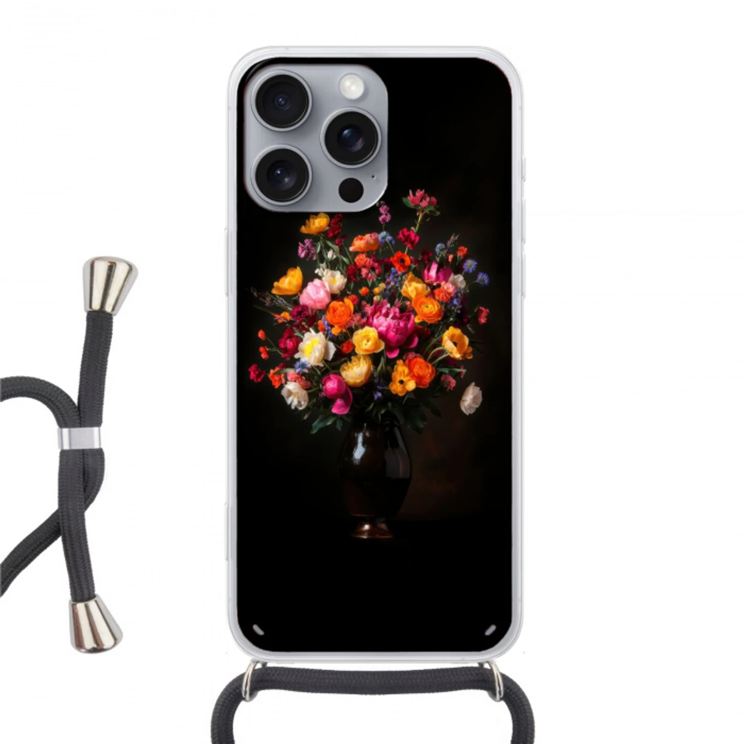 Kleurrijk - Boeket - Vaas - Donkerbruin Hoesje iPhone 16 Pro Max met koord klein -3d