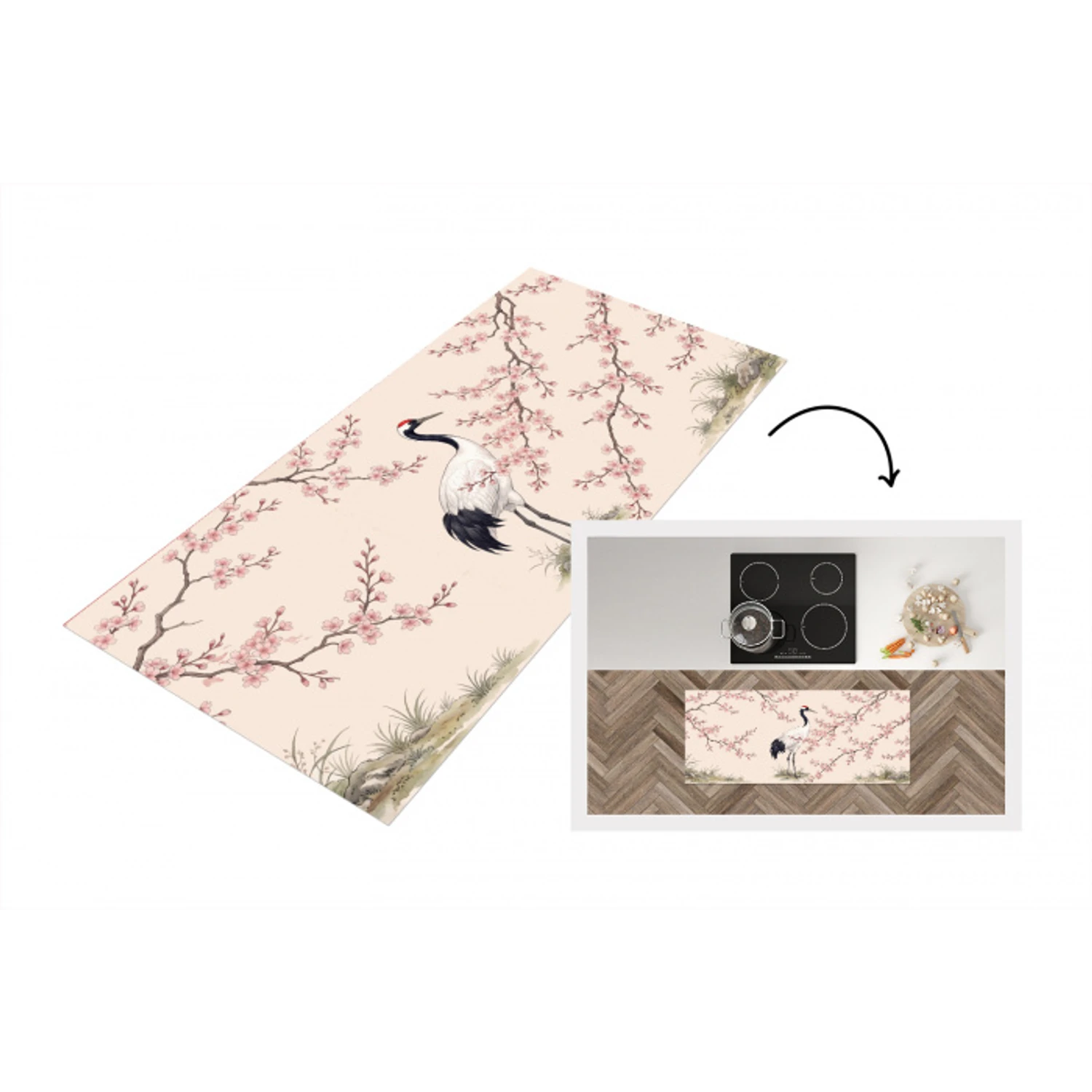 Aziatisch - Kraanvogel - Beige Keukenloper - keukenmat middel -3d