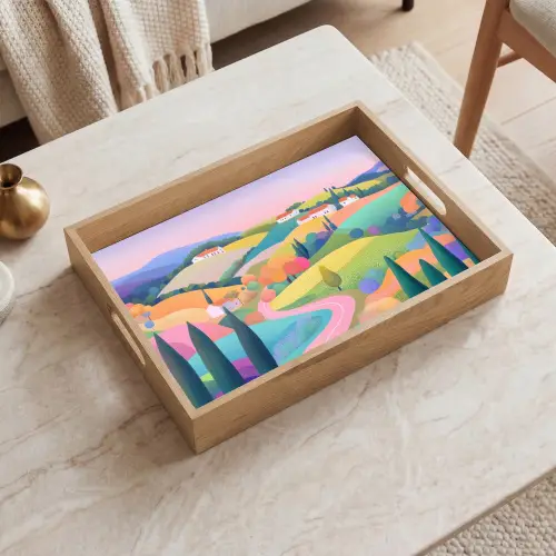 Landschap - Paars - Pastel - Huizen Dienblad Rechthoek middel -sfeer1