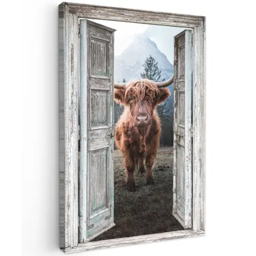 Oude deuren naar Schotse Hooglander Tuinposter op houten frame 2 cm dik klein -3d