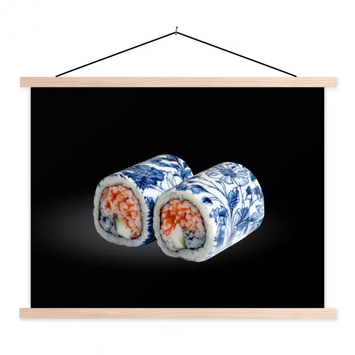 Sushi - Delfts blauw - Rijst - Vis - Elegant textielposter latten blank klein -3d