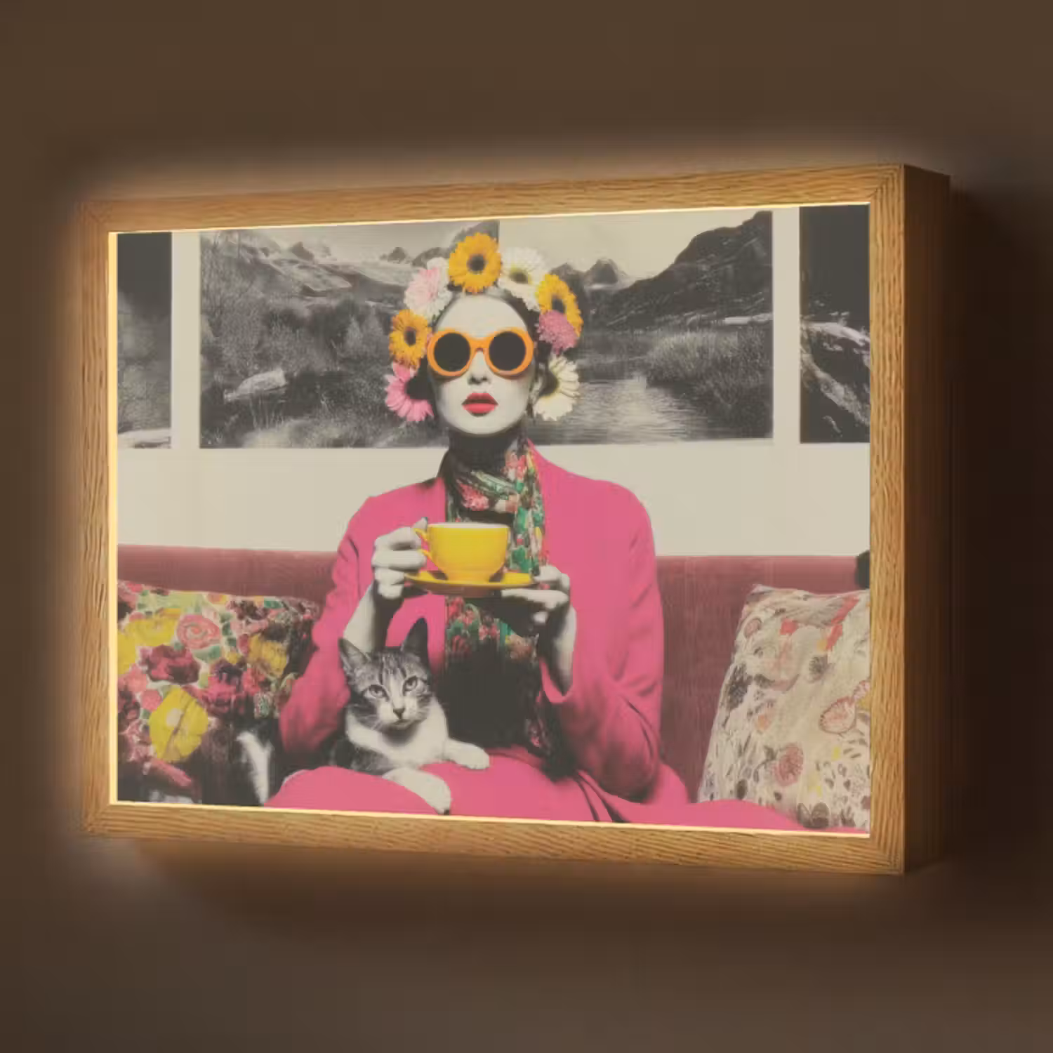 Lightbox - Wandlamp - Vrouw - Kat - Bloemen - Kopje - Retro