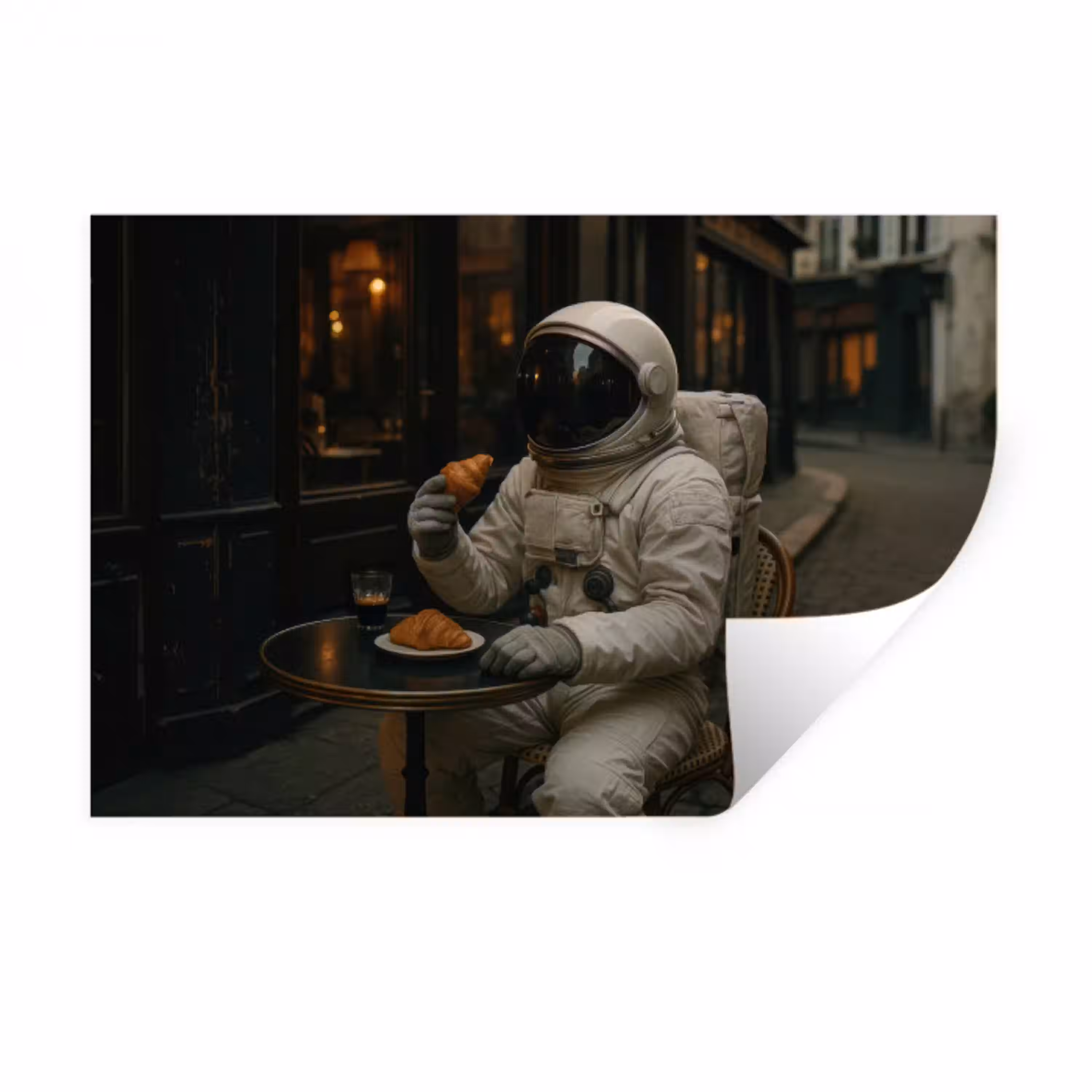 Café - Croissant - Koffie - Astronaut Muursticker klein -3d