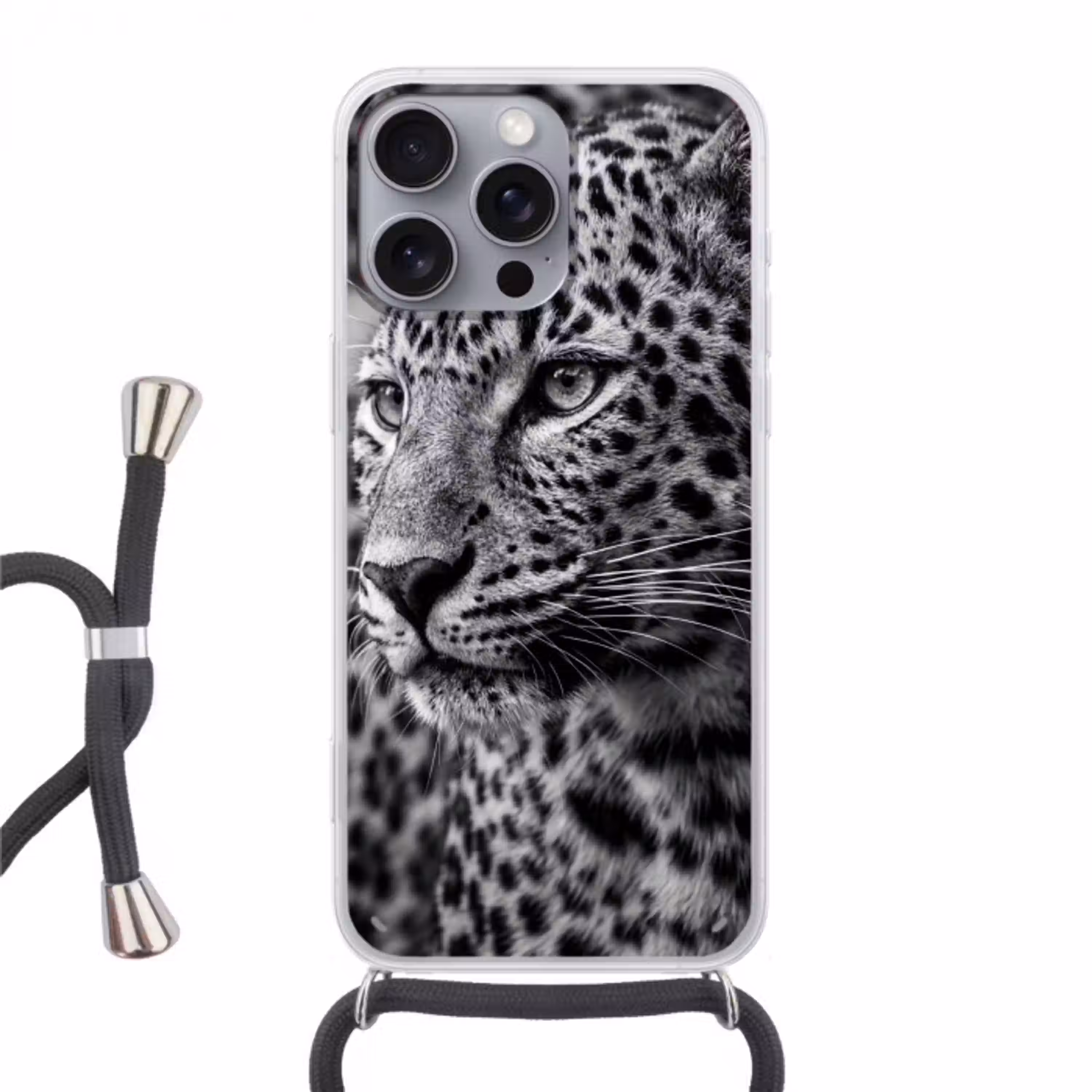 Luipaard - Zwart - Wit - Oog Hoesje iPhone 16 Pro Max met koord klein -3d