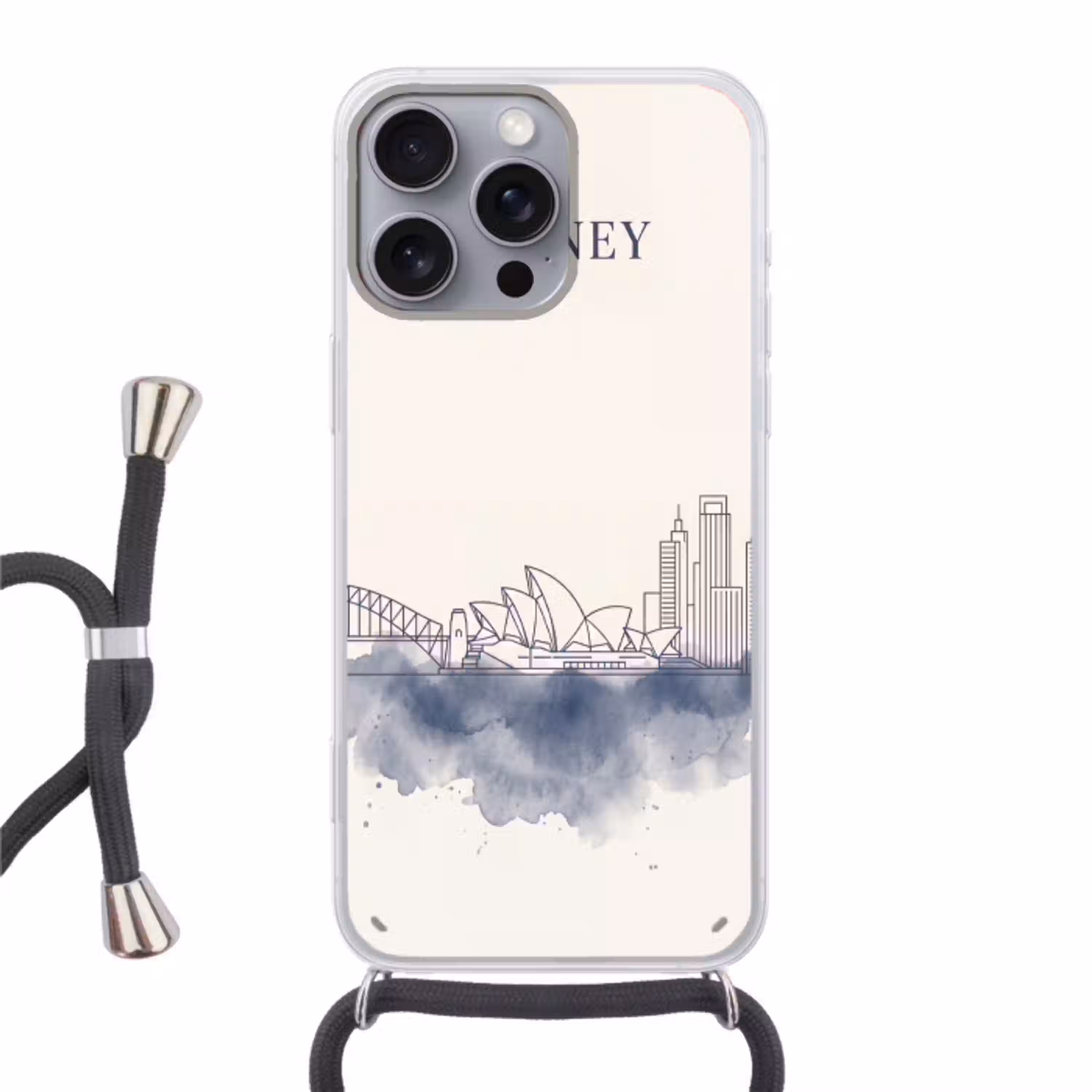 Stad - Skyline - Architectuur - Minimalistisch - Blauw Hoesje iPhone 16 Pro Max met koord klein -3d