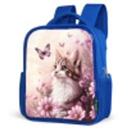 Kat - Paars - Vlinders - Bloemen Kinderrugzak - Blauw middel -schuin
