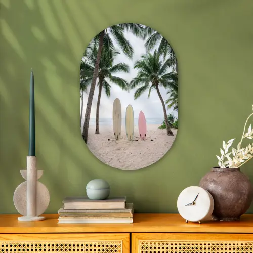 Surfboard - Palmbomen - Kleurrijk Wandcirkel Ovaal Forex klein -sfeer2