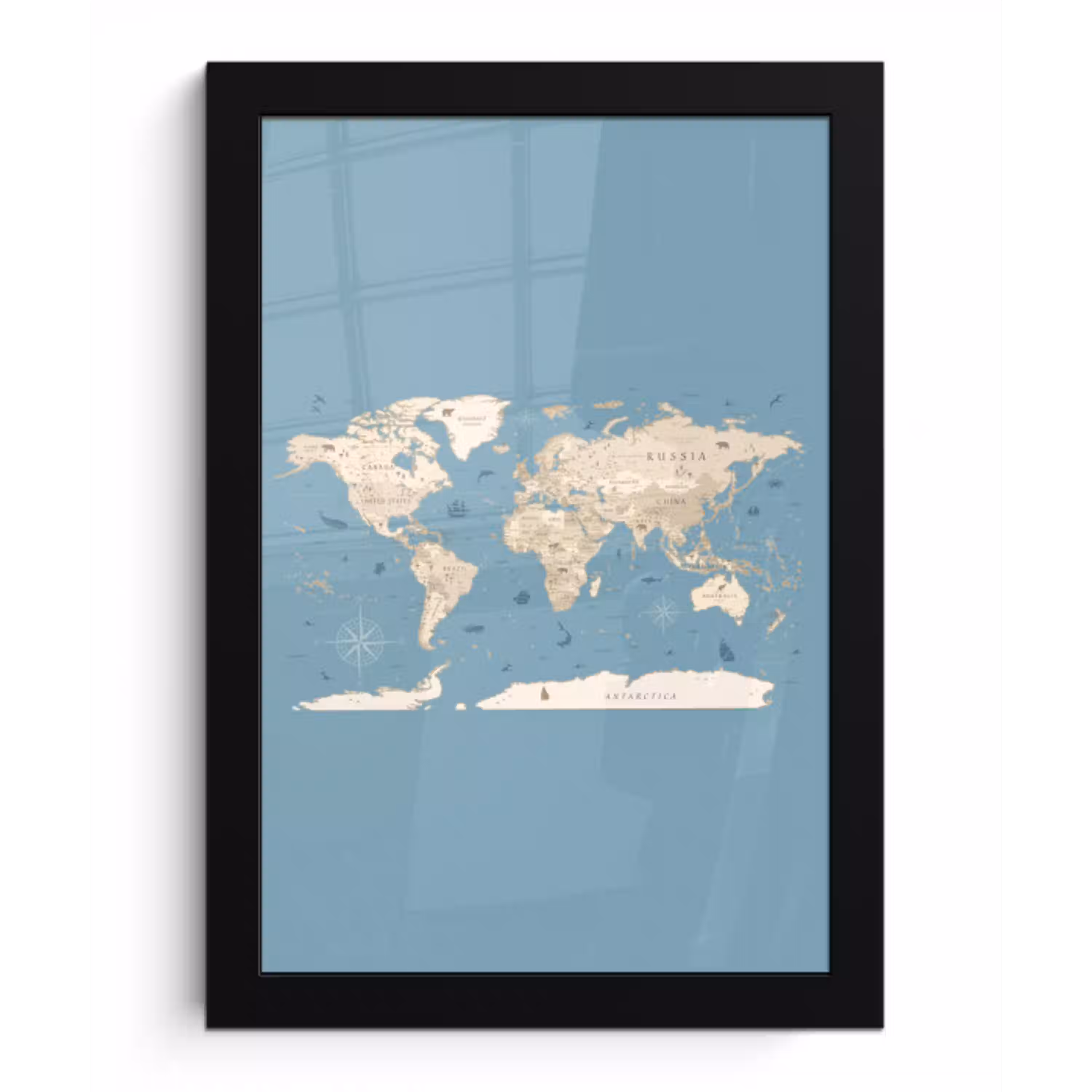 Wereldkaart - Oceaan - Realistisch - Blauw fotolijst zwart zonder passe partout klein -3d
