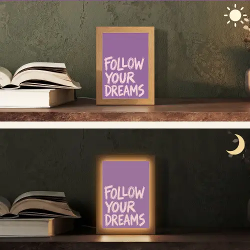 Follow your dreams - Paars - Penseeltextuur Light Box met kabel (Tafellamp) klein -sfeer3