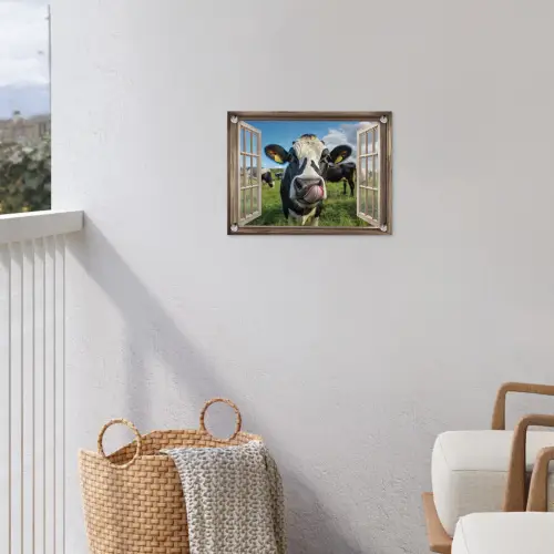 Doorkijk - Koe - Weiland - Dieren - Natuur tuinposter los doek klein -sfeer8