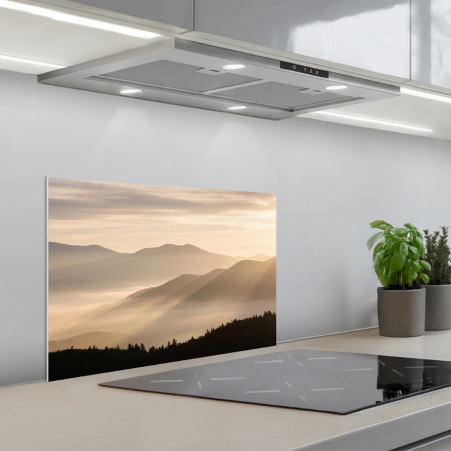 Bergen - Mist - Zonnestralen keuken achterwand spatscherm klein -3d_schuin