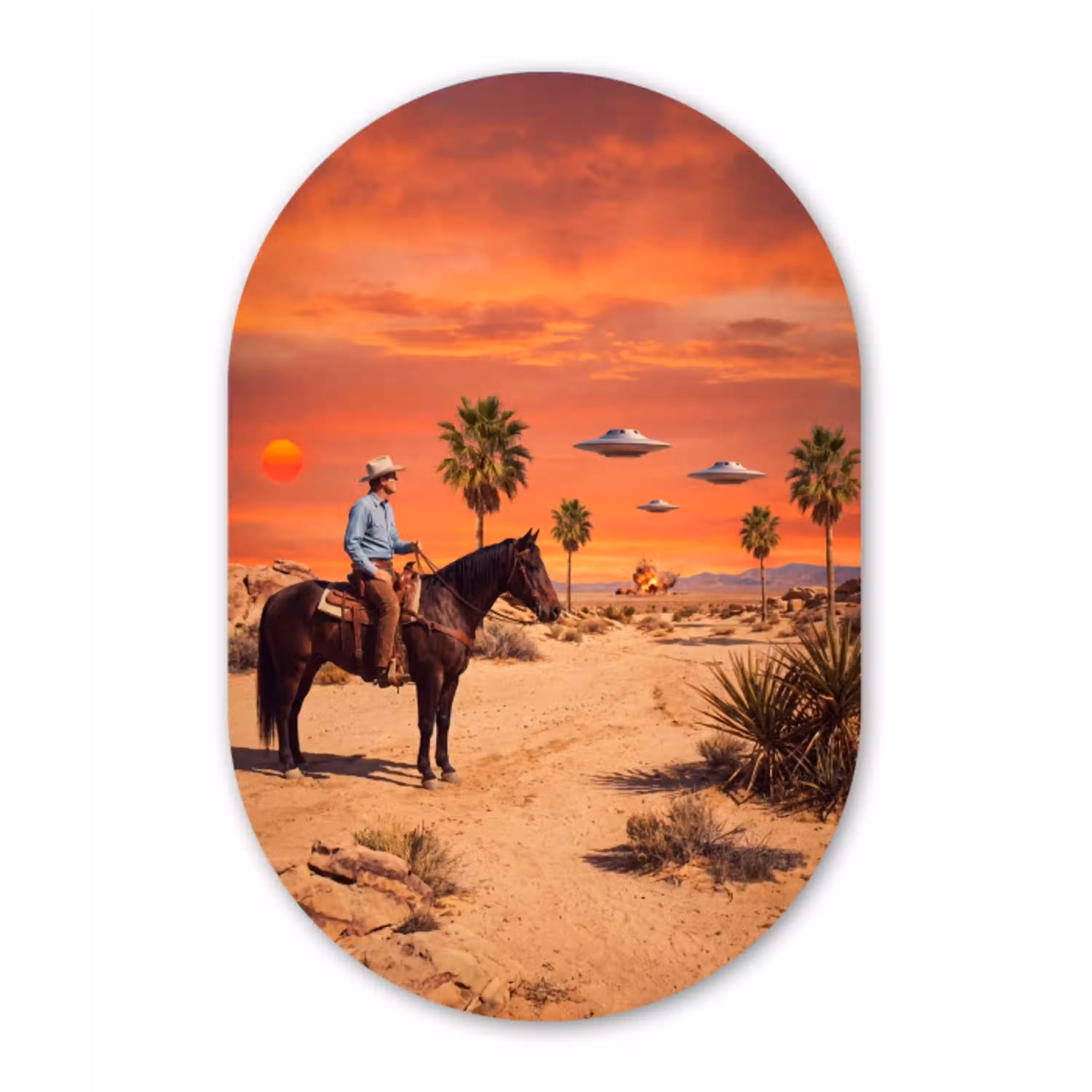 Cowboy - Paard - Woestijn Wandcirkel Ovaal Aluminium middel -3d