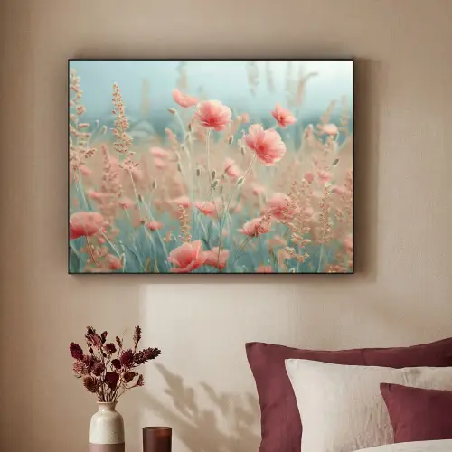 Bloemen - Natuur - Klaprozen - Bloemenveld Textielframe zwart klein -sfeer1