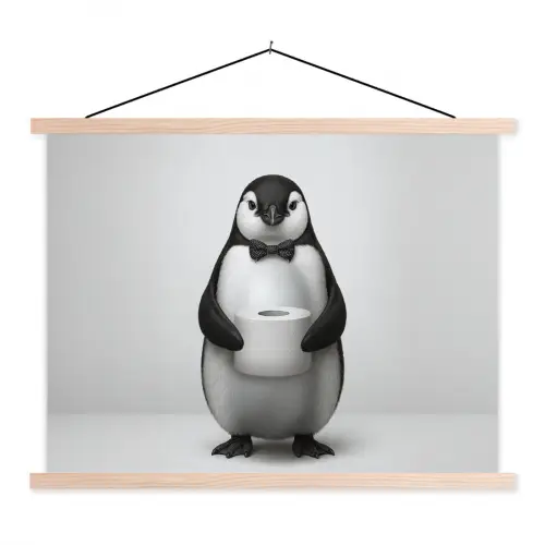 Pinguïn - WC rol - Wit textielposter latten blank klein -3d