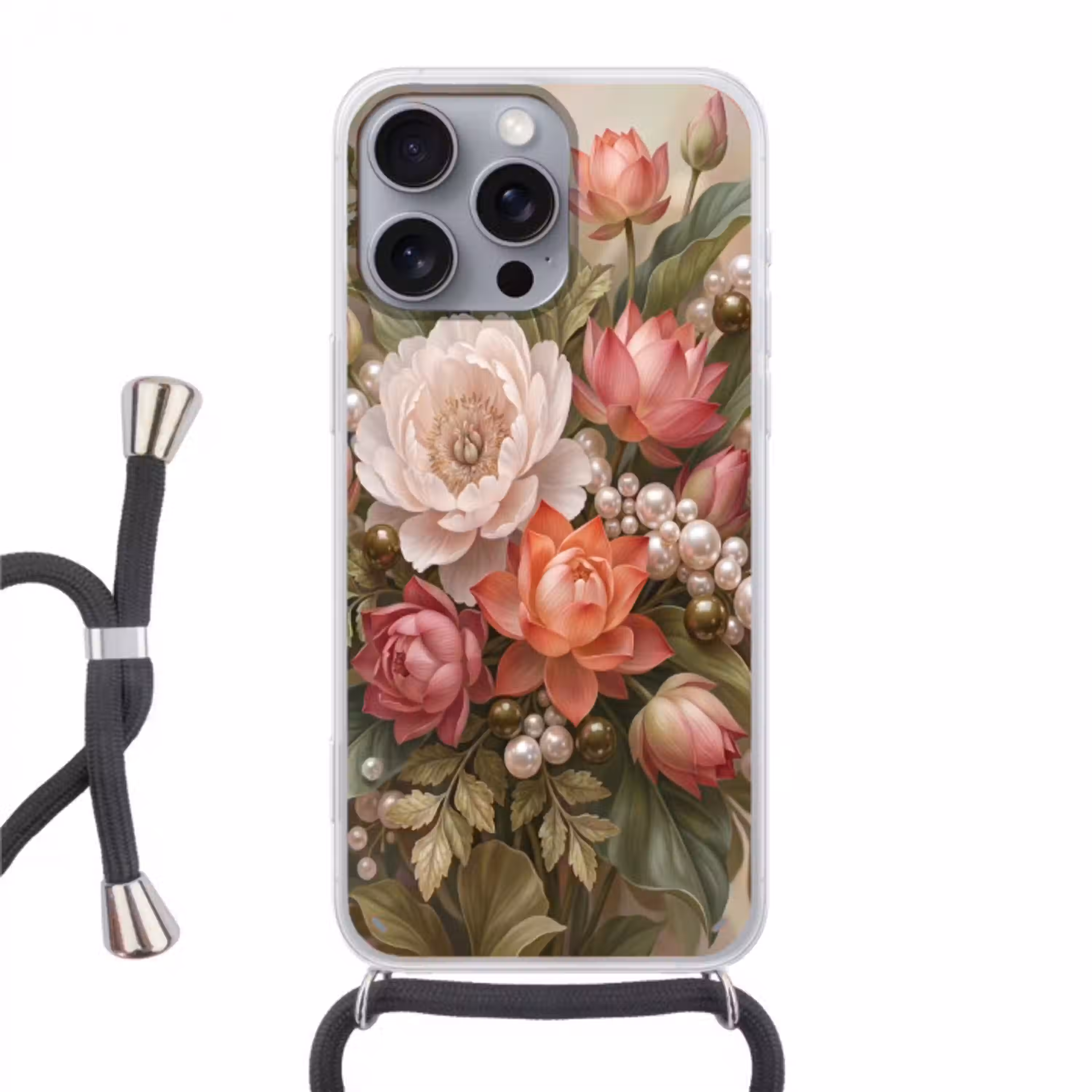Bloemen - Parels - Elegant - Roze - Wit Hoesje iPhone 16 Pro Max met koord klein -3d