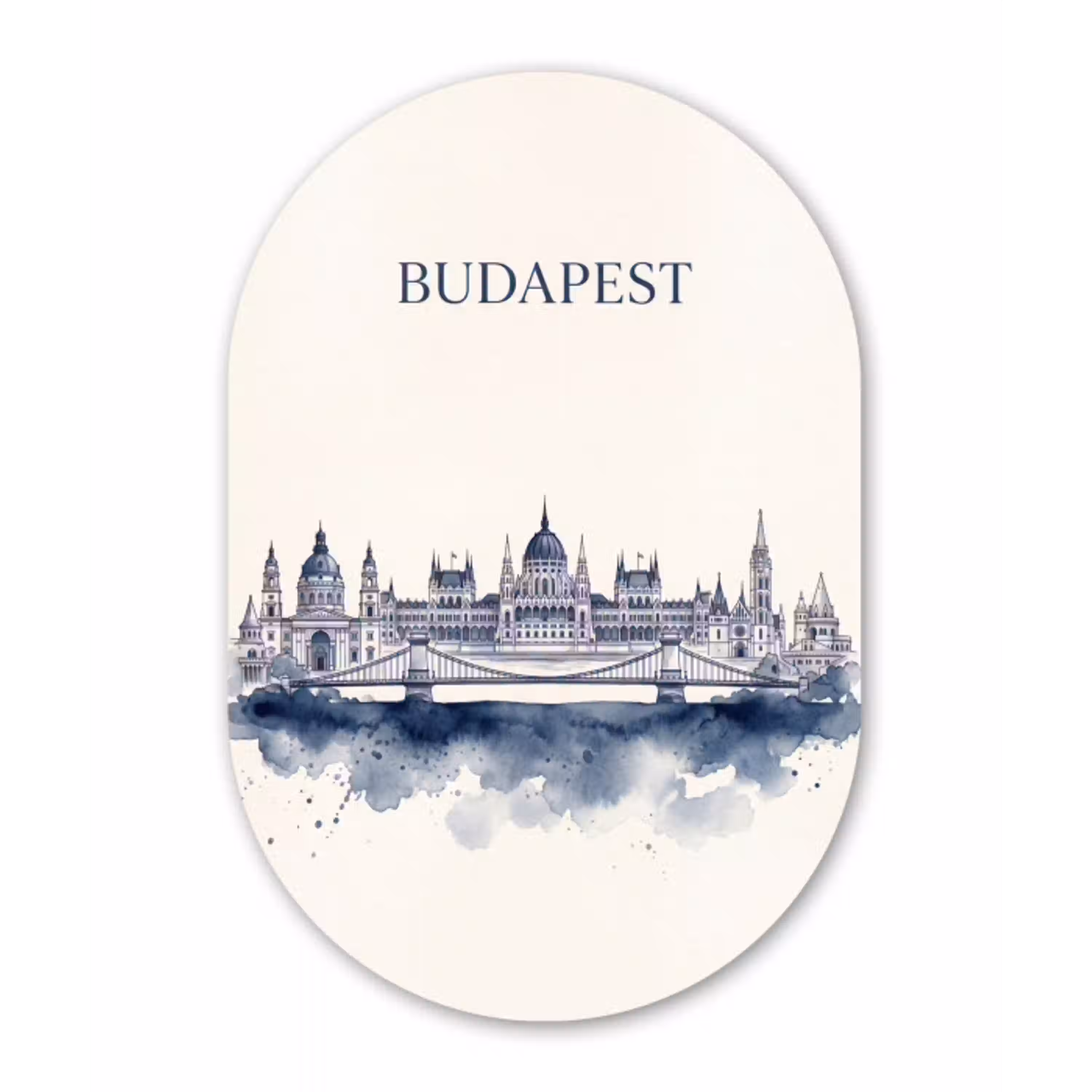 Boedapest - Skyline - Architectuur - Aquarel - Blauw Wandcirkel Ovaal Aluminium middel -3d