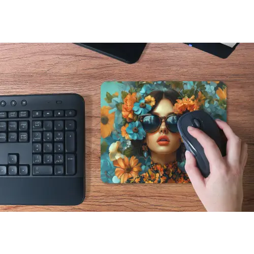 Vrouw - Bloemen - Oranje - Blauw - Modern muismat rubber klein -toetsenbord
