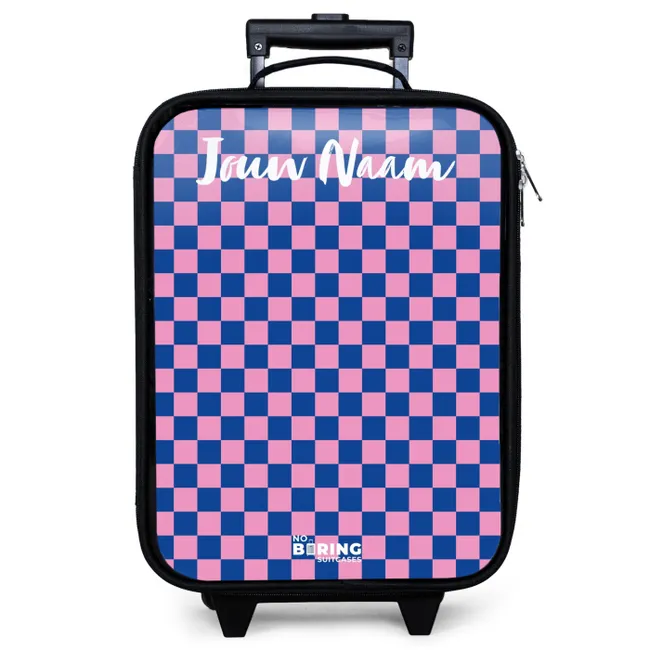 Kinderkoffer met naam - Blokjes - Blauw - Roze
