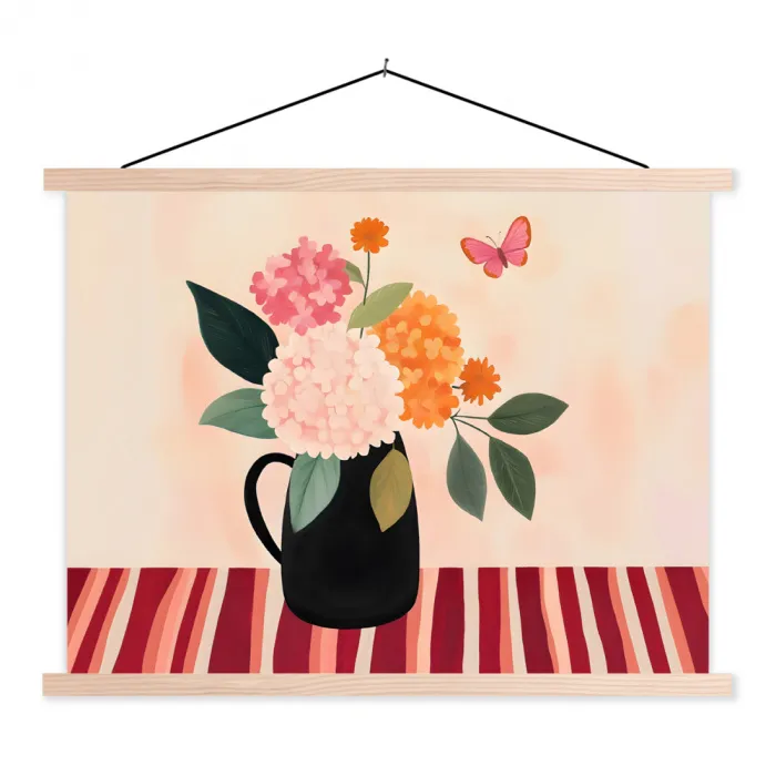 Vaas - Bloemen - Vlinder - Rood textielposter latten blank klein -3d