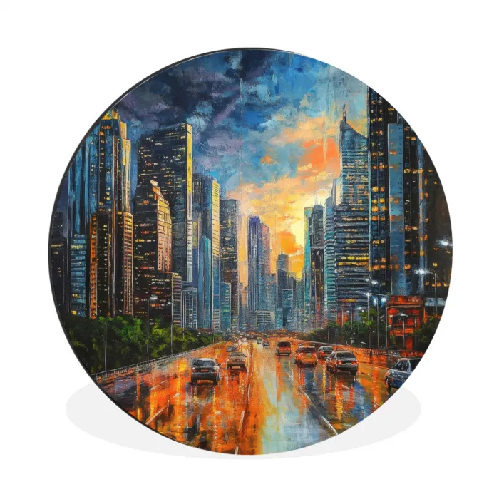 Auto - Skyline - Zon - Blauw Wandcirkel aluminium klein -3d
