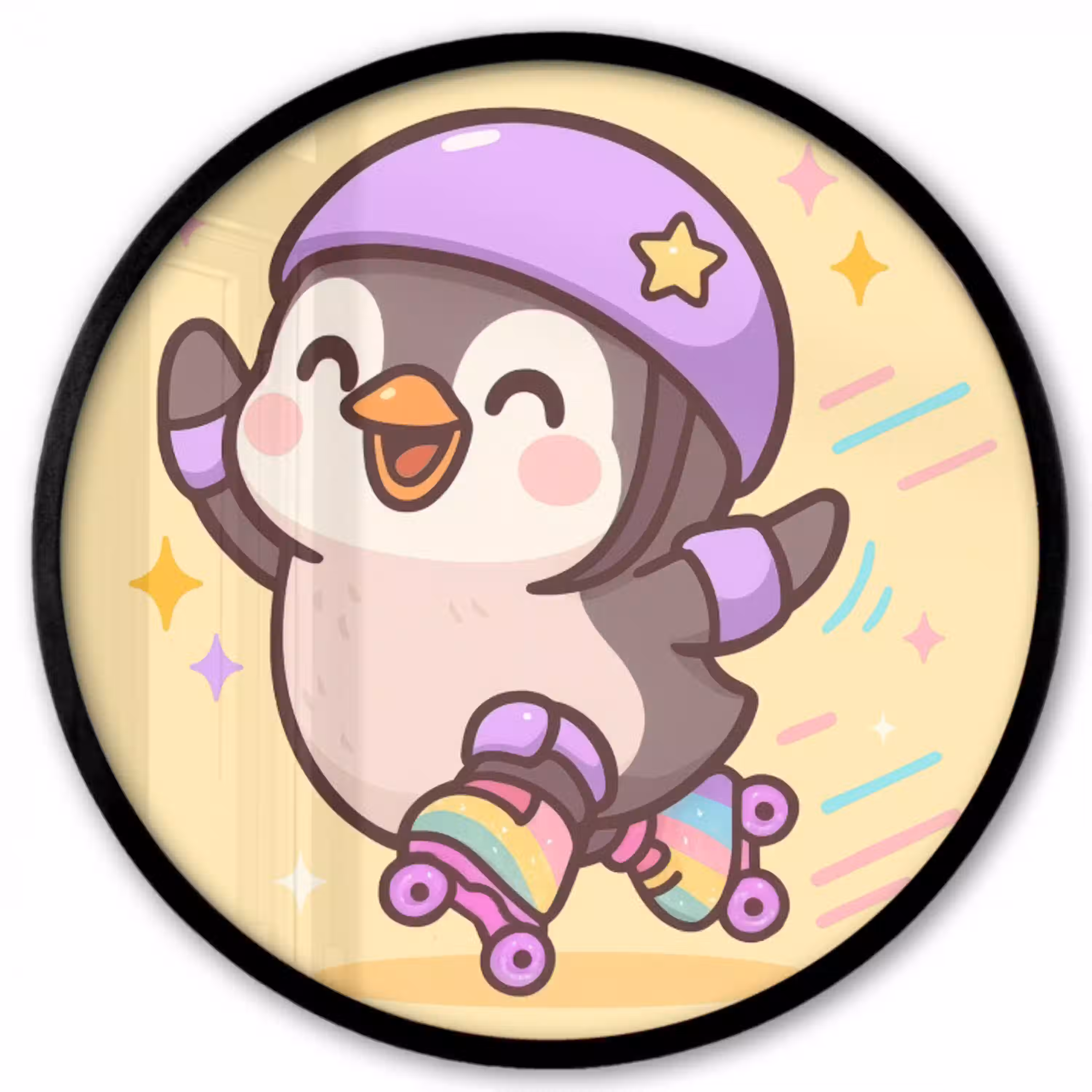 Pinguïn - Rolschaatsen - Geel - Energiek Fotolijst rond zonder passe partout klein -3d