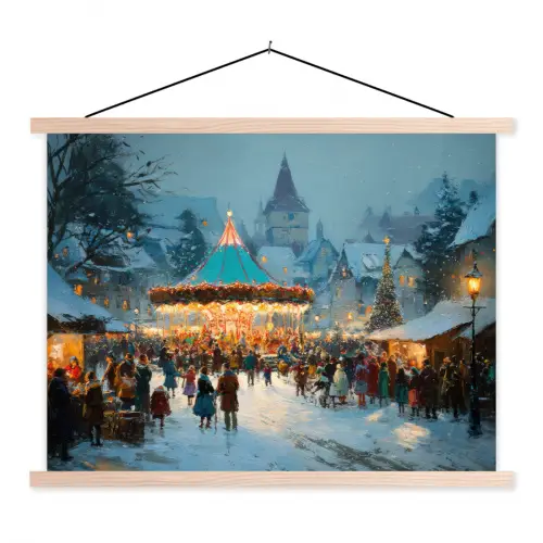 Winterkermis - Dorp - Kleurrijk textielposter latten blank klein -3d