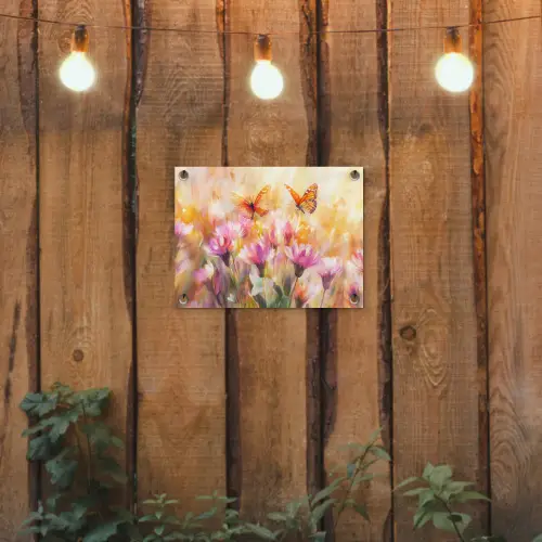 Vlinders - Oranje - Bloemen tuinposter los doek klein -sfeer1