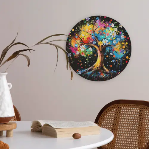 Boom - Kleurrijk - Bloemen - Zwart Akoestische PET Vilt - Rond klein -sfeer3