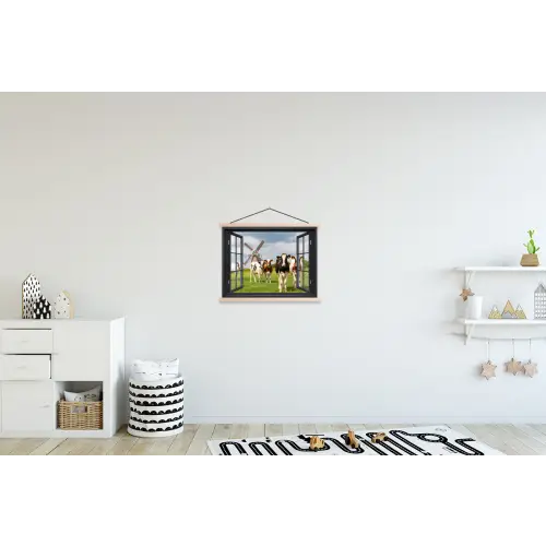 Doorkijk - Koe - Molen - Koeien - Weiland - Gras - Groen textielposter latten blank klein -kinderkamer