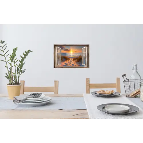 Doorkijk - Strand - Duinen - Zonsondergang Muursticker klein -eettafel