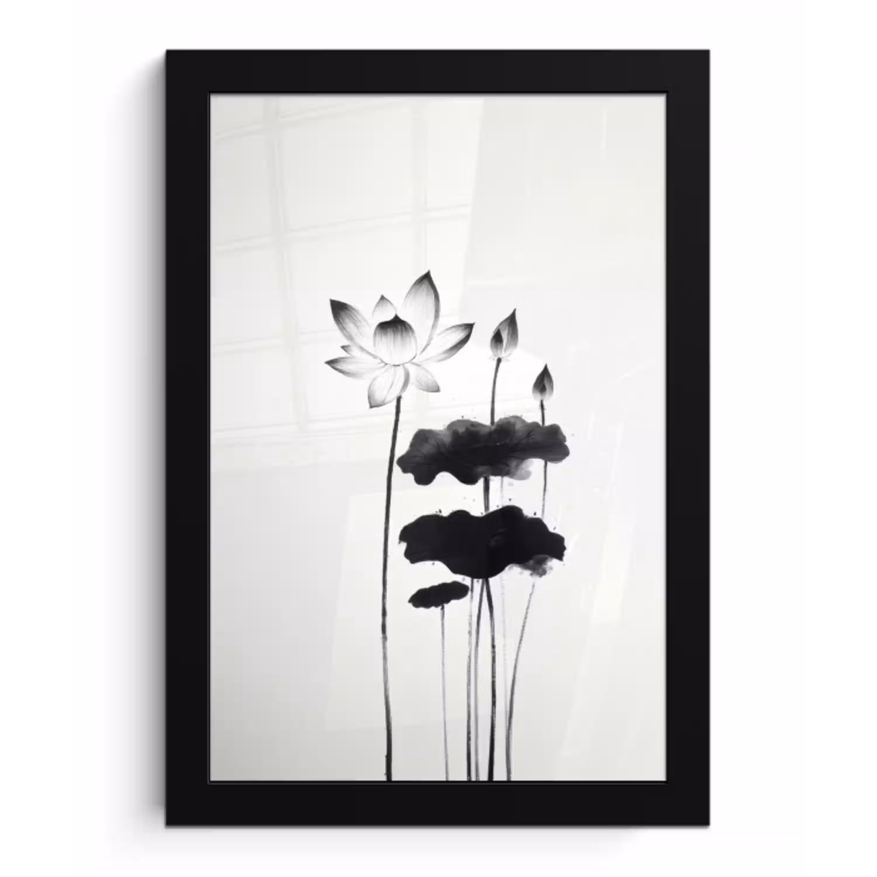 Bladeren - Zwart - Lotusbloem - Minimalitisch fotolijst zwart zonder passe partout klein -3d