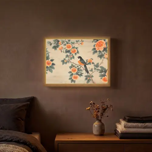 Vogel - Tak - Bloemen - Oranje Light Box met batterij (Wandlamp) middel -sfeer4