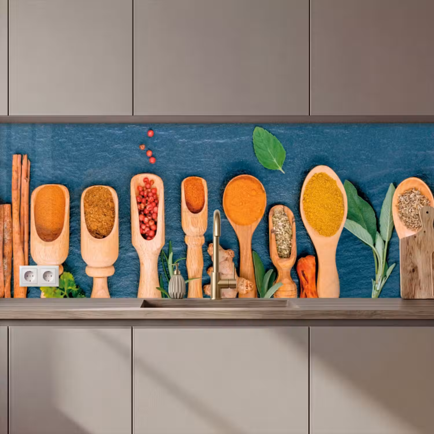 Küchenrückwand - Löffel - Holz - Kräuter - Gewürze