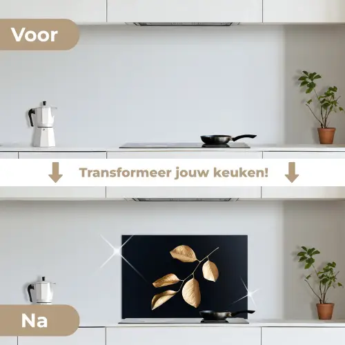 Bladeren - Tak - Goud - Luxe keuken achterwand spatscherm klein -voor_na_NL