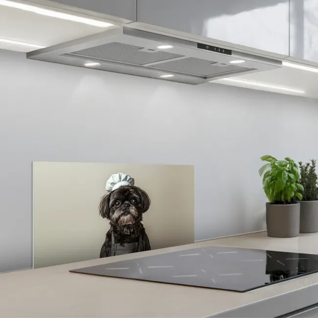 Kokskleding - Zwart - Hondje keuken achterwand spatscherm klein -3d_schuin