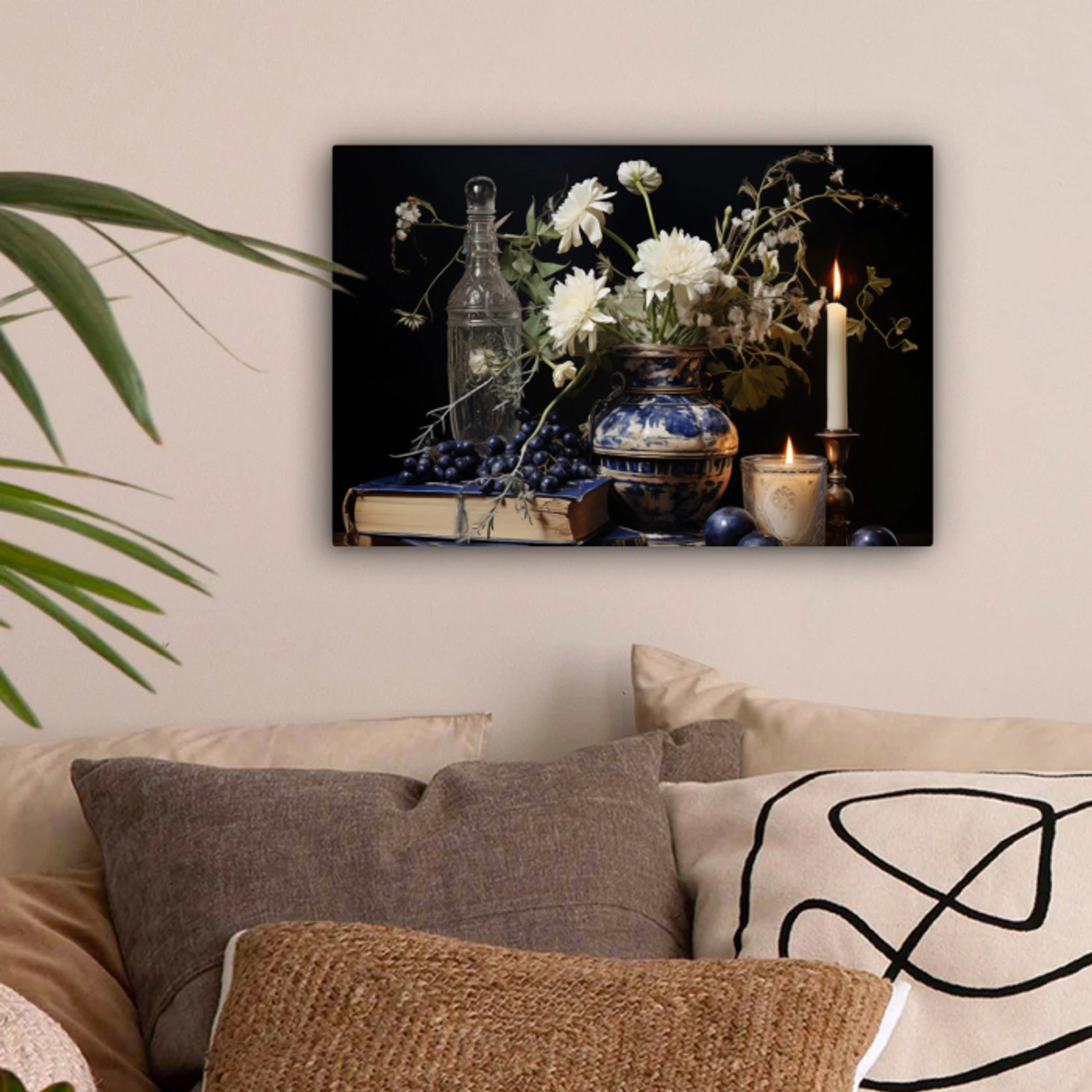 Stilleven - Bloemen - Kaarsen - Delfts blauw - Wit canvas 2cm klein -sfeer1