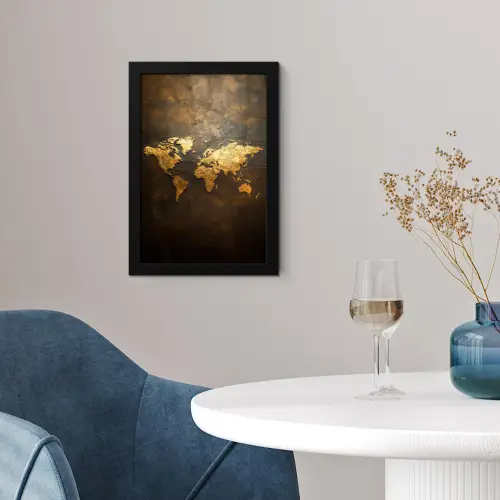 Wereldkaart - Goud - Roest fotolijst zwart zonder passe partout klein -sfeer4