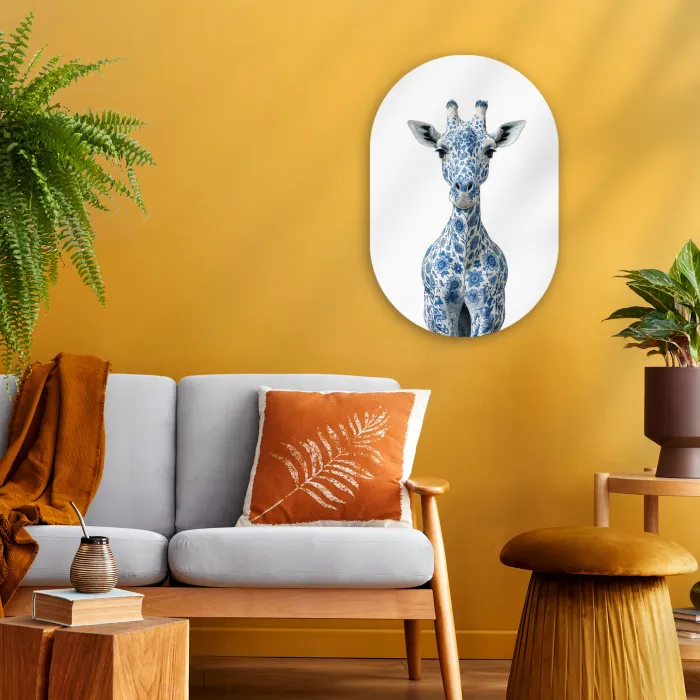 Giraffe - Delfts blauw - Dieren - Minimalistisch Wandcirkel Ovaal Forex klein -sfeer4